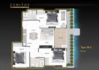 Pôdorys apartmánu SIAMIQ s tromi spálňami a balkónom v Thajsku.