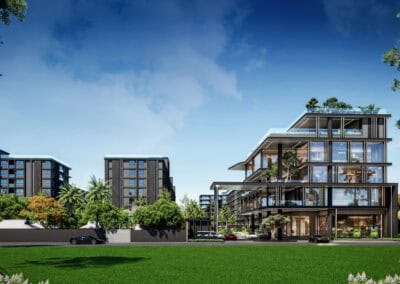 Modern hotel a s bazénom a výhľadom na zeleň a mestské budovy v Thajsku.