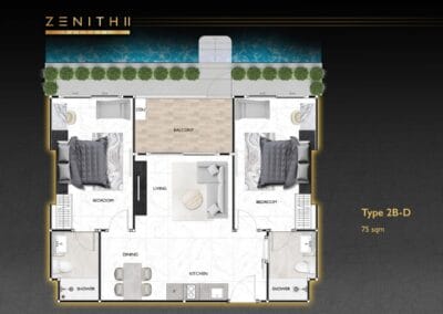 Pôdorys apartmánu Type 2B-D v komplexe SIAMIQ s balkónom a dvoma spálňami.