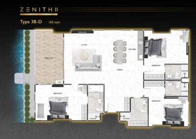 Pôdorys apartmánu SIAMIQ v Thajsku s tromi spálňami a balkónom.