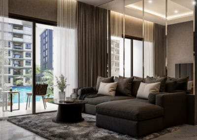 Modern living room with large windows, black sofa, and city view.
