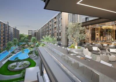 Luxusný výhľad na bazén a moderné apartmány v Siamiq Thajsko.