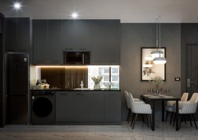 Modernná kuchyňa a jedáleň v apartmáne SIAMIQ, štýlový interiér, tmavé skriňe a elegantný stôl.