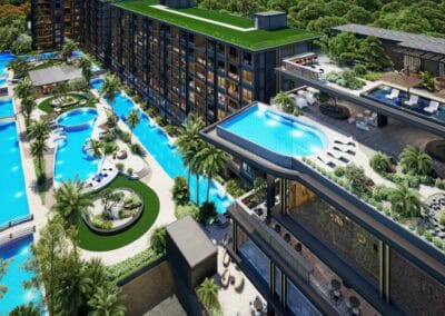 Luxusný rezort SIAMIQ s bazénmi a modernými apartmánmi v Thajsku.