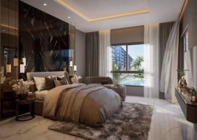 Luxusná spálňa s výhľadom na bazén a moderným interiérom v Siamiq apartmáne.