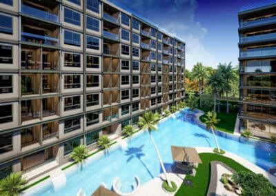 Modern hotel s bazénom a palmami v Thajsku, ideálne pre dovolenku.