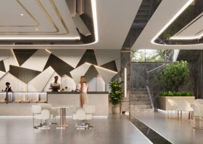 Modern recepcia v apartmáne s elegantným dizajnom a veľkými oknami.