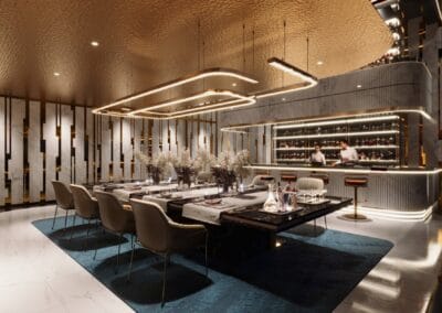 Luxusná reštaurácia s moderným interiérom a elegantným barom.