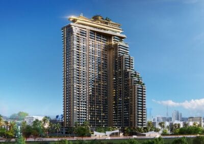 Luxusný vysoký hotel v meste Pattaya s modernou architektúrou a výhľadom na mesto.