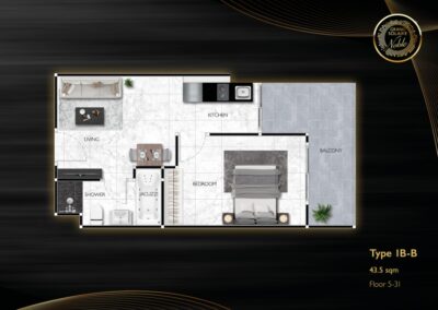 Pôdorys apartmánu SIAMIQ typu IB-B s balkónom a moderným vybavením.