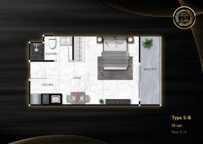 Pôdorys štúdiového apartmánu SIAMIQ s balkónom a kuchyňou.