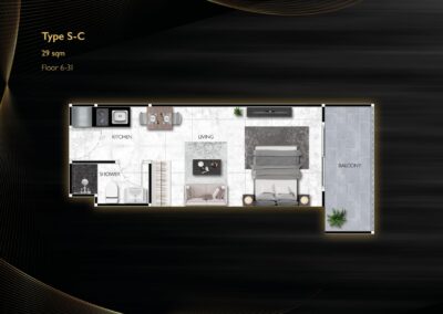 Pôdorys štúdiového apartmánu SIAMIQ typu S-C s balkónom a moderným vybavením.