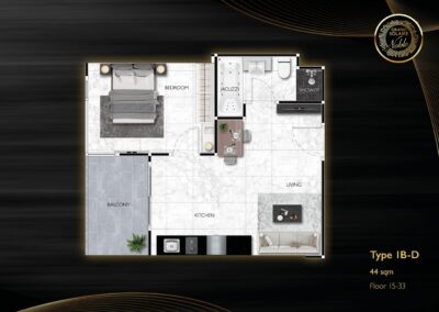 Pôdorys apartmánu SIAMIQ s balkónom, kúpeľňou a obývacou izbou v Thajsku.