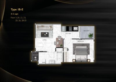 Pôdorys štúdio apartmánu SIAMIQ v Thajsku s obývacou izbou, kuchyňou a balkónom.