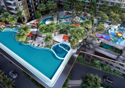 Luxusný bazén s výhľadom na moderné apartmány v Siamiq, Thajsko.