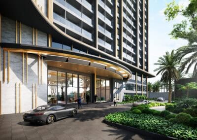 Modern hotel entrance with palm trees and luxury cars in front.