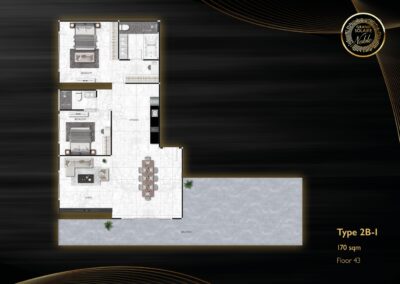 Pôdorys apartmánu SIAMIQ typu 2B-1 s 170 m² na 43. poschodí.