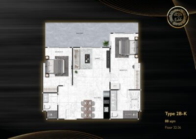 Pôdorys bytu typu 2B-K s 88 m² v komplexe SIAMIQ, Thajsko.