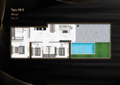 Podkrovný plán apartmánu SIAMIQ s bazénom a záhradou v Thajsku.