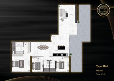 Podrobný pôdorys apartmánu SIAMIQ v Thajsku s tromi spálňami a veľkou terasou.