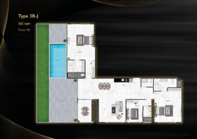 Podkrovný plán apartmánu SIAMIQ s bazénom a záhradou.