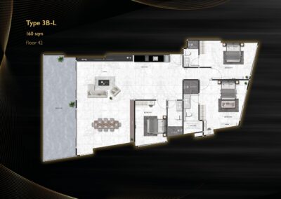 Podkrovný byt typu 3B-L s veľkou terasou a moderným interiérom.