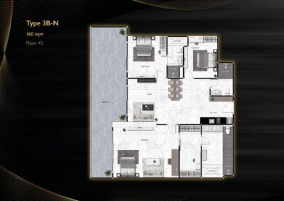 Podrobný pôdorys bytu typu 3B-N na 43. poschodí v SIAMIQ apartmáne, Thajsko.